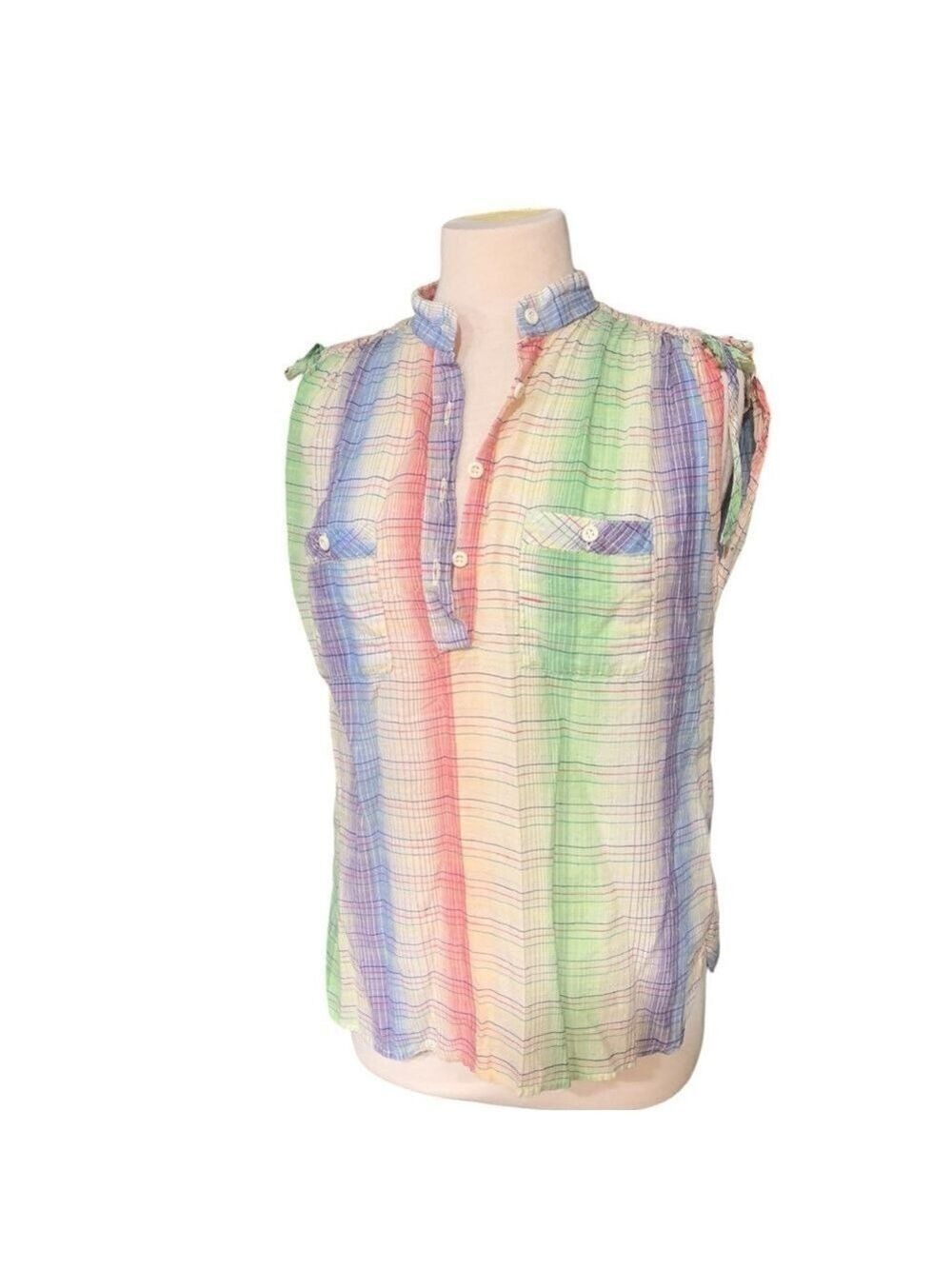 ❤️Vintage Espirt’s Chemise multi-colored mandarin collar sleeveless shirt size S